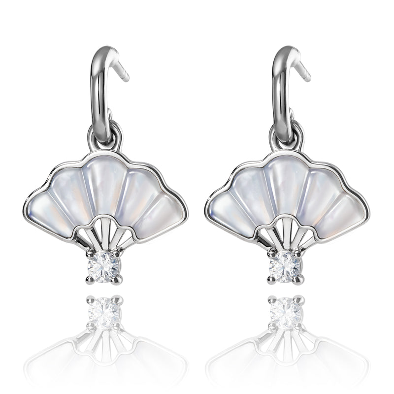 Floral Fan Dangle Earrings Silver with White Mother of Pearl Front View - Shen Yun Collections