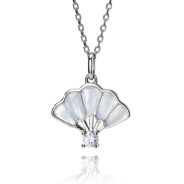 Floral Fan Necklace Silver with White Mother of Pearl Front View - Shen Yun Collections