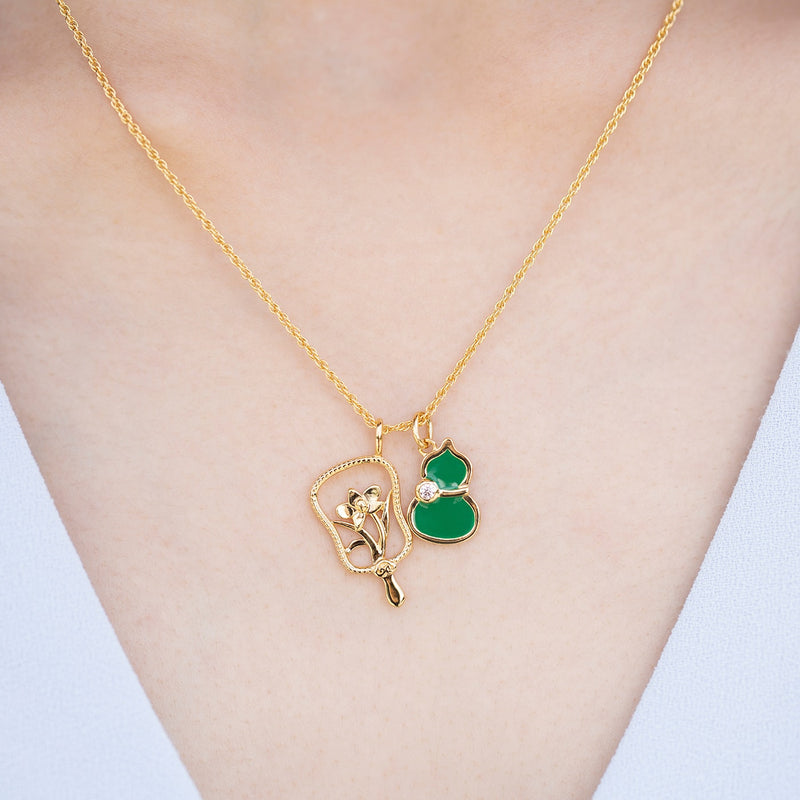 Rope Chain Necklace Gold with Orchid Hand Fan Charm and Magical Hulu Charm | Shen Yun Collections