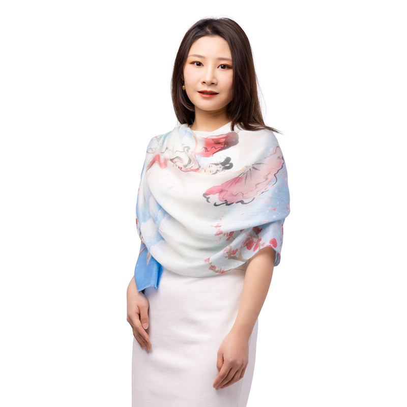 Plum Blossom Scarf Light Blue Model Image | Shen Yun Shop