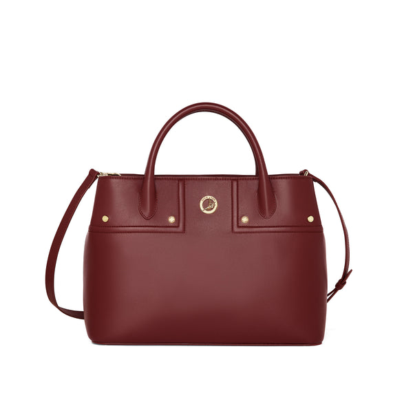The Spirit of Mulan Small Tote Burgundy Front View | Shen Yun Collection 