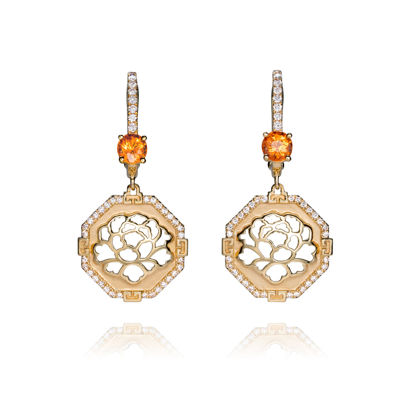 The Tang Elegance Earrings 18kt Yellow Gold with Spessartite Garnet Front View | Shen Yun Shop