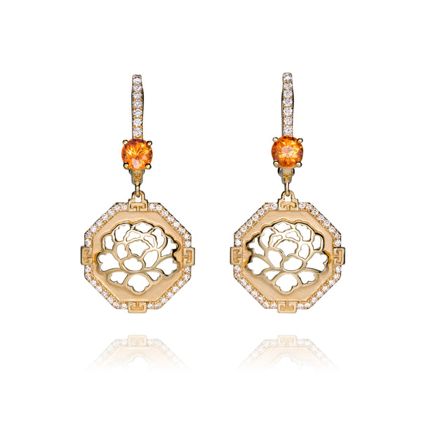 The Tang Elegance Earrings 18kt Yellow Gold with Spessartite Garnet Front View | Shen Yun Collections