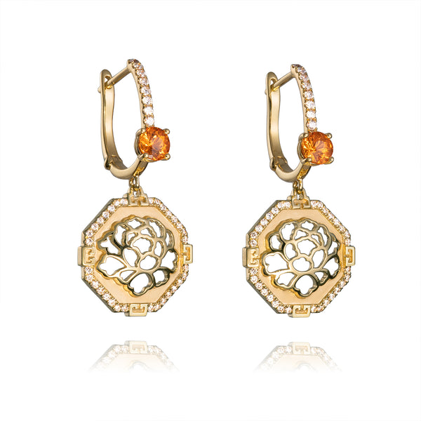 The Tang Elegance Earrings 18kt Yellow Gold with Spessartite Garnet Side View | Shen Yun Collections