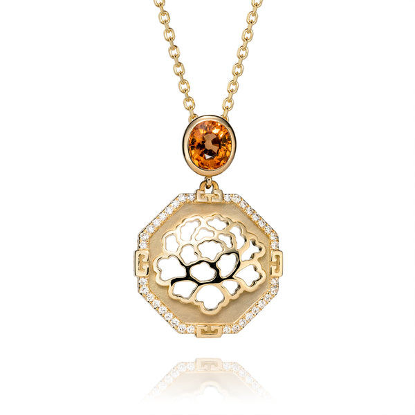 The Tang Elegance Necklace 18kt Yellow Gold with Spessartite Garnet Front View | Shen Yun Shop