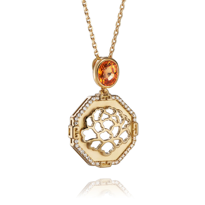 The Tang Elegance Necklace 18kt Yellow Gold with Spessartite Garnet Side View 2 | Shen Yun Shop