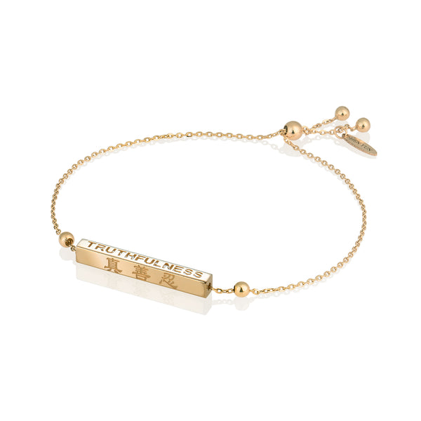 Zhen Shan Ren Elegant Virtues Fine Jewelry Bracelet 14kt Yellow Gold Image with Chinese 真善忍 Characters | Shen Yun Collections